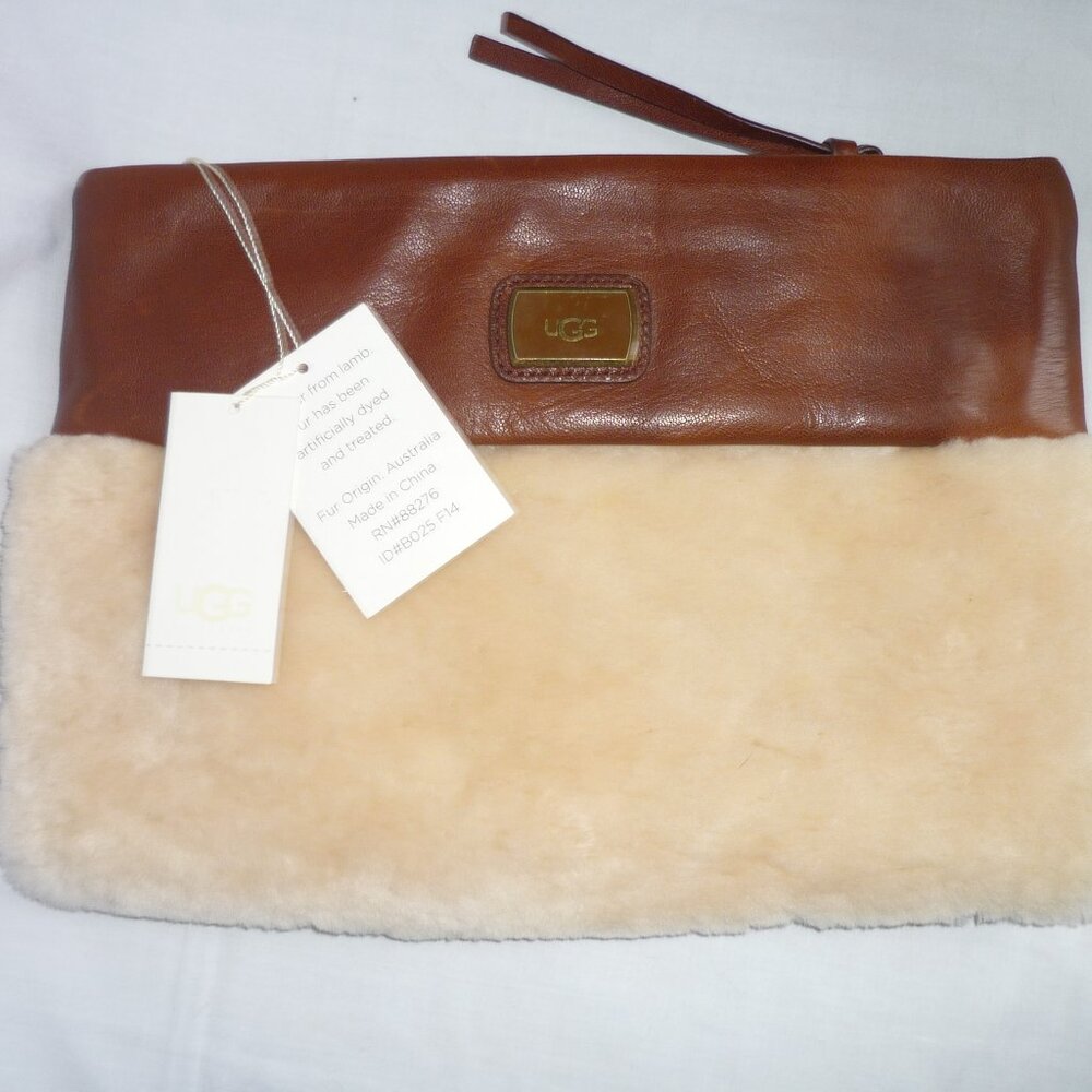 UGG Nico Brown Leather Genuine Sheepskin Clutch  NEW Retail $215